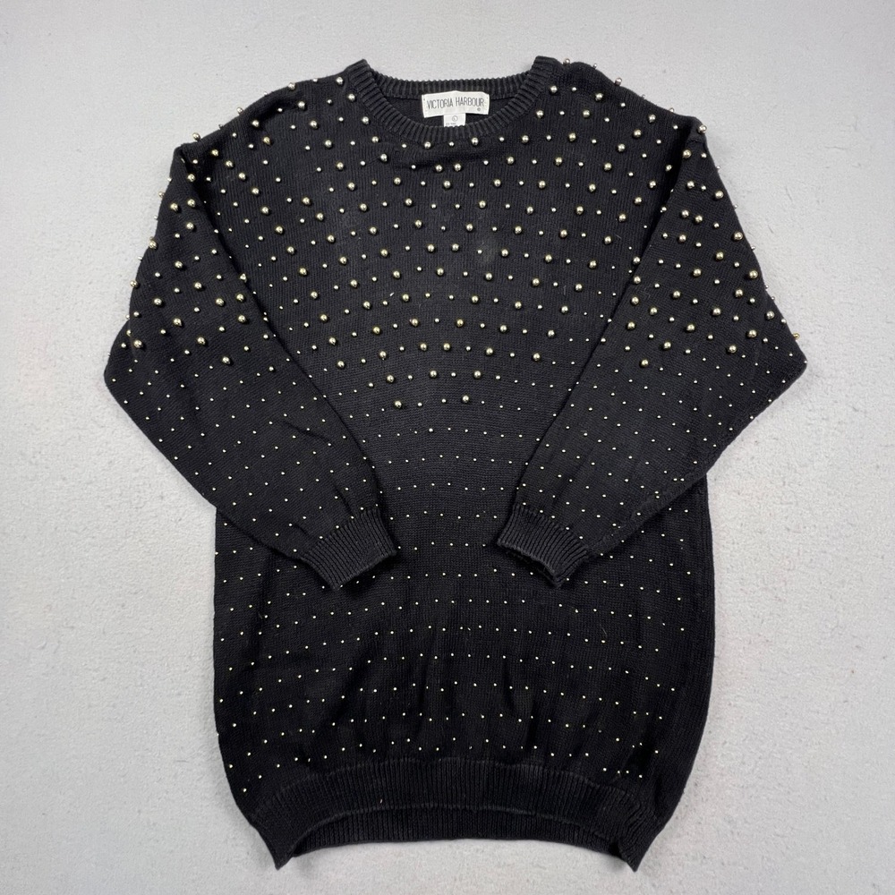 Victoria Harbour Sweater Womens L Black Gold Beaded Ramie Cotton Knit Crewneck